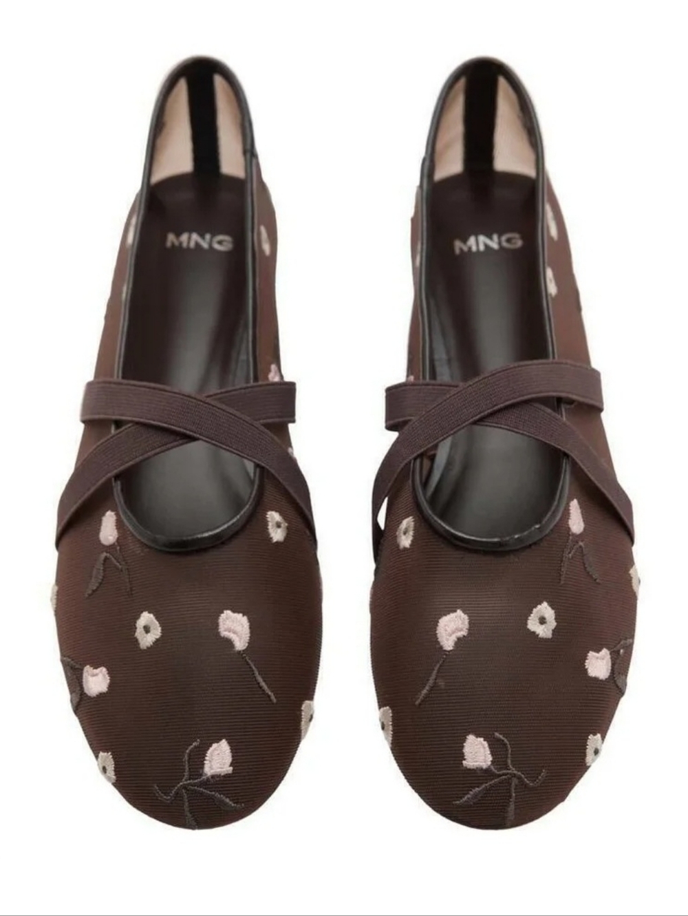 Mango Brown Floral Embroidered Mesh Ballet Flats NWOT